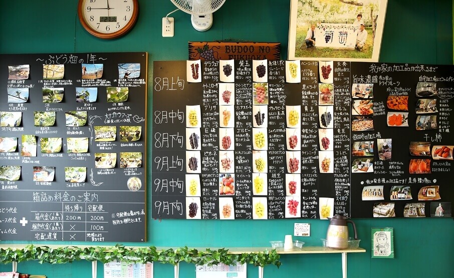 ぶどうの品種ごとの販売時期を記した黒板